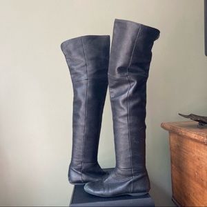 Miu Miu | Leather Minimalist Flat Over The Knee Tall Thigh High Boots
